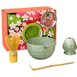 Zixrmor Premium Matcha Set - Matcha Bowl, Bamboo Whisk and Matcha Spoon Filter Spoon Matcha Set - Complete Matcha Tea Set for Traditional Japanese Tea Ceremony (Green Flowers)