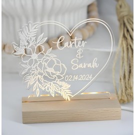 Engraved Heart Shaped Night Light with Wooden Base, Valentines day gift, anniversary