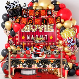 Movie Night Party Decorations, 84 Pcs Movie Night Party Supplies - Movie Night Balloons Backdrop Tablecloth Banner etc Movie Night Birthday Decorations