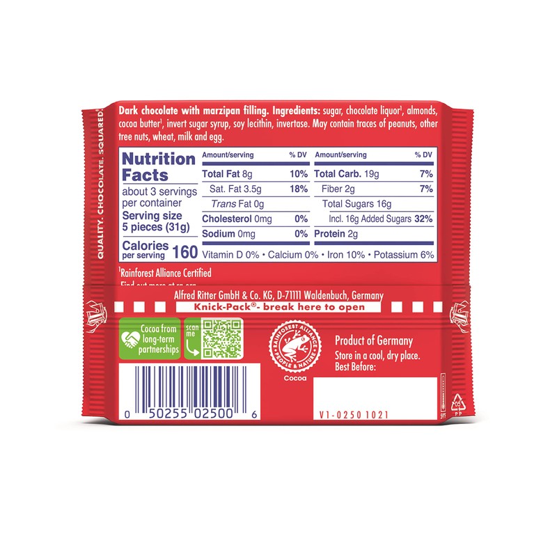 Ritter Sport Chocolate Bars with Nuts (Dark Chocolate with Marzipan,