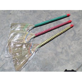 lot of 3 pieces Vietnamese soft fan straw broom with plastic wrap straw handle (chổi lúa) 40 inch and a free yellow plastic tube handle broom