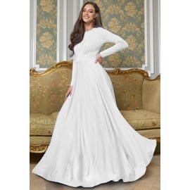 KOH KOH Womens Long Full Sleeve Sleeves Flowy Empire Waist Fall Winter Modest Formal Floor Length Abaya Muslim Bridesmaid Bridal Gown Gowns Maxi Dress Dresses, Ivory White M 8-10