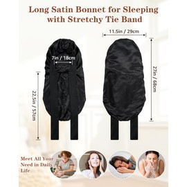 Braids Satin Bonnet for Sleeping Long Bonnet Women Hair Bonnet with Stretchy Tie Band Satin Hair Wrap(Black)