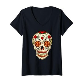 Womens Dia de los Muertos Day of the Dead Candy Skull V-Neck T-Shirt