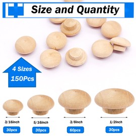 smseace 150Pcs 4-Sizes Button Wood Plugs 3/16" 5/16"，3/8"，1/2" Wooden Hole Plugs for Holes in Furniture/Table and Chair legs/Cabinet reserved holes/Outdoor equipment Wood Plugs Assortment Kit
