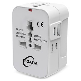 Universal Travel Adapter with 1 USB and 1 USB C, PIGADA TA02 International Socket Adapter, Travel Plug Adapter Worldwide for Germany, USA, England, Thailand, Italy, Australia