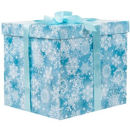 Jaywayang Caja de regalo grande de Navidad de 10 pulgadas con tapa y cinta, caja de regalo de copo de nieve azul con relleno de papel para envolver regalos de Navidad