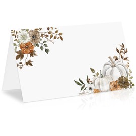 Whaline 50Pcs Fall Place Cards 2 x 3.5 Inch Watercolor Pumpkin Floral Tent Name Cards Autumn Blank Seat Assignment Labels for Thanksgiving Wedding Birthday Party Table Setting Supplies