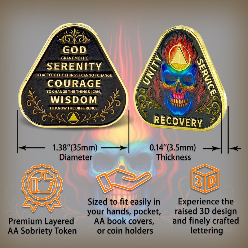 Leafence Fire Skull Triangle Sobriety Coin Unity Service Recovery AA