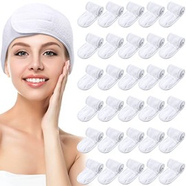 30 Paquetes Diademas de Spa Banda Facial de Maquillaje para Lavarse Cara Ducha Baño Deporte Envoltura Niñas Toalla Ajustable de Poliéster con Gancho y Bucle Antideslizante (Blanco)