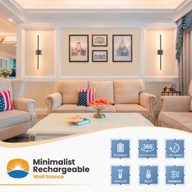 NIORSUN 28 Inch Battery Operated Wall Sconce Set of 2, 360° Rotation Black Rechargeable Wall Lights with Detachable Tube and Remote, 3CCT Dimmable Wall Lamp for Living Room Bedroom Hallway