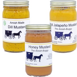 Amish Mustard Assortment - Three 7 Oz Jars - Dill, Honey & Hot Jalapeno
