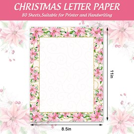 AnyDesign 80 Pack Christmas Stationery Letterhead Paper Pink Poinsettia Letter Paper Vintage Writing Paper Notes Greeting Paper for Invitation Office Printing Supplies, 8.5 x 11 Inch
