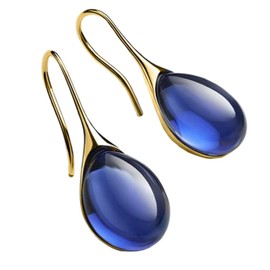 Silver Gold Plated Water Drop Style Crystal Stone Classic Plain Dangle Hoop Earrings (Gold Blue)