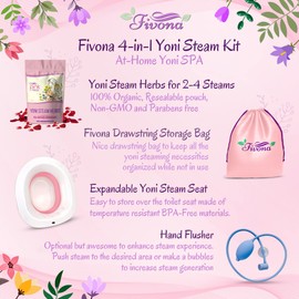 Fivona Yoni Steam Kit 4-in-1 Set Herbal Therapy, Steaming Herbs Pink Magic 1.76oz for 2-4 Sessions, Expandable V Steam Seat, Hand Pump, Drawstring Storage Bag Cleansing PH Balance Fertility Increase