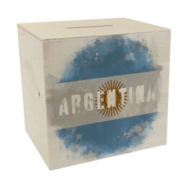 Wooden money box with Argentina flag in used look, piggy bank for holidaymakers, a beautiful money box decorated with the Argentine national flag to travel to