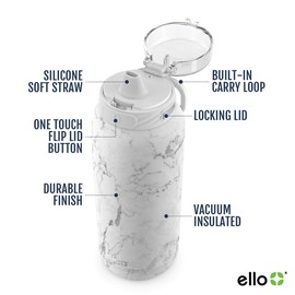 Ello Cooper 32oz Stainless Steel Water Bottle with Straw and Carry Handle, Double Walled and Vacuum Insulated Metal, Leak Proof Locking Lid with Soft Silicone Spout, Reusbale, BPA Free, White Marble