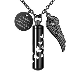 Dletay Cylinder Urn Necklace for Ashes Butterfly Cremation Jewelry for Ashes Memorial Keepsake Pendant with Angel Wing Round Tag Stainless Steel Remembrance Jewelry