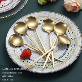 Matt Gold 6 Piece Dinner Spoons - 8.1'' Stainless Steel Tablespoons, Soup & Dessert Spoons, Silverware for Home, Kitchen or Restaurant, Dishwasher Safe