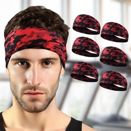 UNIQOCK 6 Pack Running Headbands for Men,Mens Sweat Band Sports Headband for Running,Cycling,Basketball,Yoga,Spa,Fitness Workout Stretchy Unisex Hairband Red