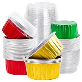 JarThenaAMCS 60Pcs Christmas Cupcake Liners with Lids Aluminum Foil Baking Cups Gold Red Green Muffin Wrappers Cupcake Holders for Xmas Winter Holiday Party Supplies