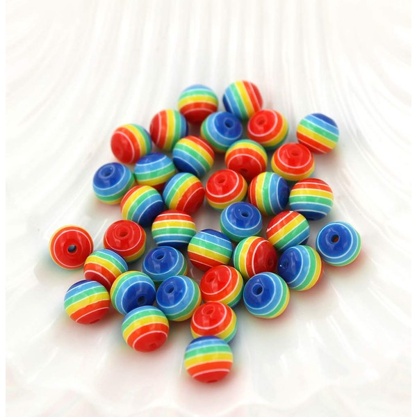 50 Round Resin Beads 8mm - Rainbow Stripe - BD004