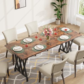 IDEALHOUSE Rectangular Dining Table, 70.9-Inch Long Dining Table for 6 People, Farmhouse Rustic Kitchen Table with Heavy Duty Metal Legs for Dining Room