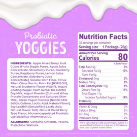 Nature's Garden Probiotic Mixed Berry Yoggies, 21oz (30 x 0.7oz) - Yogurt Covered Fruit Snack, High Fiber, Real Fruit Pieces, Healthy Fruit Snack Packs