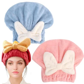Super Absorbent Hair Towel Wrap for Wet Hair, 2/4 Pcs Microfiber Hair Towel Wrap, Bow-Knot Button-Free Coral Fleece Dry Hair Hat, for Wet Hair Long Thick Curly Hair (Blue+Pink)