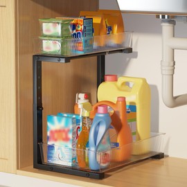 Biboraya 1 Pack 10.62"-15.5" H Acrylic Bathroom Under Sink Organizers And Storage Height Adjustable,2-Tier Pull Out Under Cabinet Shelf Organizer,Multi-Use Slide Out Drawer For Kitchen Laundry-Black