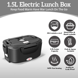 IXIIE Electric Lunch Box 80W Food Warmer for Work, 12V/24V/110V Portable Lunch Warmer for Adults with 2-Pack Stainless Steel Containers, Heated Lunch Box for Car/Truck/Office/Outdoors (Black+Black)
