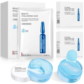 2PCS Parches para Ojos con Ácido Hialurónico (60 piezas) y 1PC (10 piezas) Mascarilla Hidratante, Hidratante Contorno de Ojos Antiarrugas, Eliminar Pa