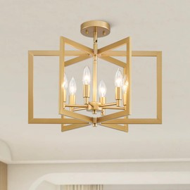 peskoe Gold Chandelier Modern Geometric 6-Light, Farmhouse Dining Room Light Fixture Over Table Kitchen Island Lighting Fixtures Metal Hanging Pendant Lighting, E12