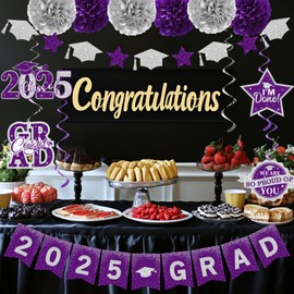 Purple Graduation Decorations 2025, 2025 Grad Banner and Congrats Grad Hanging Swirls, Purple and Silver Graduation Banner Graduations Hanging Swirls College Graduation Party Decorations Class of 2025