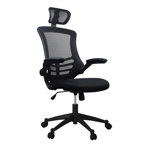 Techni Mobili Modern Ergonomic High-Back Office Chair, Executive Mesh Home Office Chair with Adjustable Headrest & Flip Up Arms, Black , 49.5" x 26.37" x 26.37"