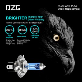 DZG H4 Halogen Bulbs 9003 Halogen Headlights HB2 Halogen Fog Bulb Headlamp HS1 P43t High Low Beam 5500K 130W 120W, 2 Pack