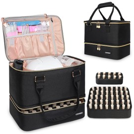 Covkev Covkev Nail Polish Organizer Hold 50 Bottles (15ml/0.5 fl.oz)& Nail Lamp, Double Layer Nail Bag Organizer Case with Handle, Large Nail Supplies& Kit Storage Case for Women Travel (Black& Golden)