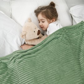 Vessia Flannel Fleece Throw Blanket, 300GSM Cozy Sage Green Striped Throw for Couch, Sofa, Bed, Warm and Soft Cozy Green Microfiber Ribbed Blanket for All Seasons 50x40inches