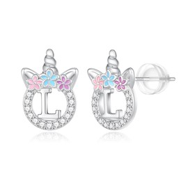 Unicorn Gifts for Girls - Sterling Silver Post CZ Unicorn Earrings for Girls Jewelry Letter L Initial Stud Earrings Unicorn Jewelry Earrings for Girls Kids Jewelry Unicorn Birthday Gifts for Girls