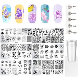 Nail Stamp Plates Set, 6 Nail Stamping Plates 5 Magnetic Nail Stand, 1 Nail Stamp and Scraper, Animals French Line Butterfly Hummingbird Nail Stencils Reusable Stainless Steel Nail Design Tools