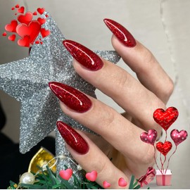 Wine Red Glitter Press on Nails Medium Almond Shape,KQueenest Iridescent Shimmer Acrylic Fake Nails,Salon Sparkling Gel Nails Press ons,Festival Glue on Nails Medium False Nails in 24 PCS