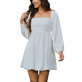 HYPERFIRE Women's Square Neck Long Sleeve Bubble Mini Dress Pleated Smocked A Line Wedding Dresses White Small