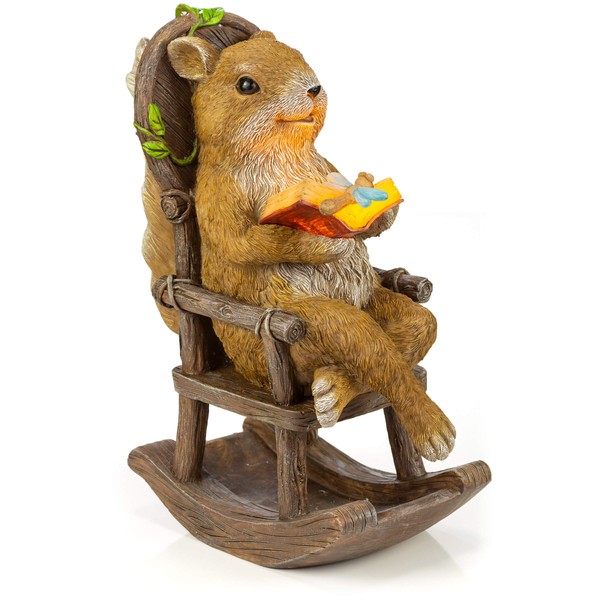 VP Home Squirrel Reading and Relaxing on Rocking Chair Solar Powered LED Outdoor Decor Garden Light Garden Figurines Outdoor Squirrel Gifts Garden Decorations Outdoor with Squirrel Statue