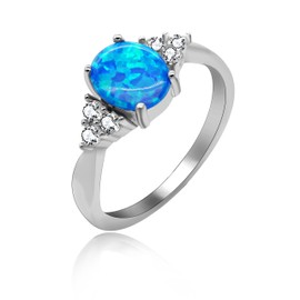 Uloveido 2.96 g 925 Sterling Silver Oval Cut Created Blue Fire Opal Birthstone Solitaire Wedding Engagement Band Rings for Women Girls JZ125, Zirconia, Cubic Zirconia