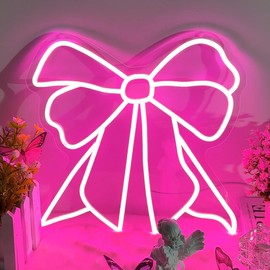 Bow Neon Sign – Aesthetic Ribbon Wall Art for Pink Room, Nursery, & Beauty Salon | Bow Decor LED Neon Light Sign, Girly Bedroom Decor, 14.2" x 14"