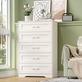 Welfuturer White Wood Dresser for Bedroom with 5 Drawers, Tall Storage Chest of Drawers, Modern Solid Wood Dresser Cabinet for Closet, Nursery, Entryway, Girls Room, Kids Room, Hallway, Living Room