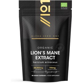 Organic Lions Mane Supplement 28,000mg – 50% Polysaccharides (700mg) – 90 Vegan Capsules – High Strength Mushroom Supplement – Resealable and Recyclable Pouch – by Alpha01