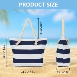 flintronic Beach Bag for Women with Zip, Large Waterproof Travel Tote Bags with Pockets, Girls Summer Shoulder Bag, Overnight Bag for Holiday, Shopping, Traveling-Splicing Design (Blue Stripes)
