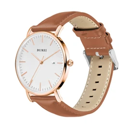 BUREI Men's Watch, Leather, Brand, Simple, Waterproof, Analog, Business, Men's Watch, Popular, Date, Quartz, Stylish, Thin, brown rose gold, Quartz Watch