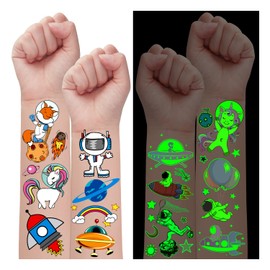 Leesgel 24 Sheets Tattoo Boys Space Luminous Space Children's Tattoos Stickers Children's Tattoo for Space Children's Birthday Party Favours Space Gift Children Boys Planets Toy